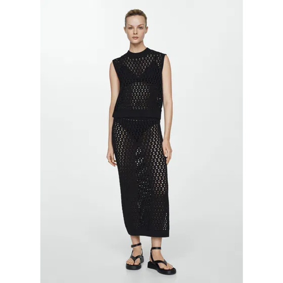Mango Crochet Set: Open Knit Sleeveless Top & Midi Skirt Black Women's Size S - Picture 1 of 6